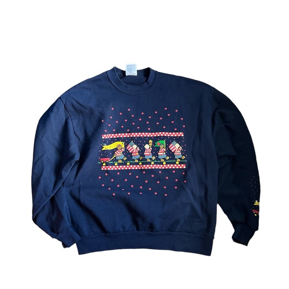Vintage 1990’s Teacher Back To School Sweatshirt Crewneck Navy Red Apples USA L